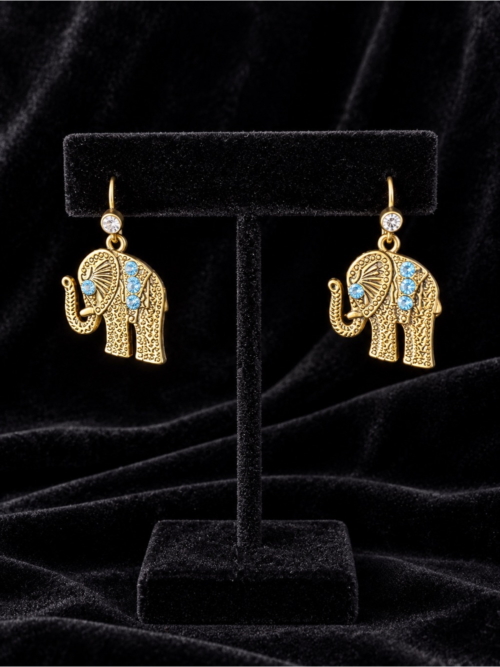 Elephant Drop Earrings with Gold Metal and Blue Crystal Accents